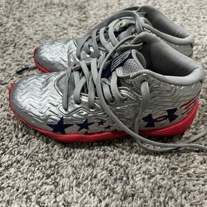 Under Armour Kids' Silver and Red Football Cleats